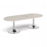 Trumpet base radial end boardroom table 2400mm x 1000mm with central cutout 272mm x 132mm - chrome base, light grey top TB24-CO-C-LG