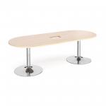 Trumpet base radial end boardroom table 2400mm x 1000mm with central cutout 272mm x 132mm - chrome base and maple top
