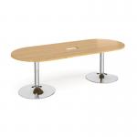 Trumpet base radial end boardroom table 2400mm x 1000mm with central cutout 272mm x 132mm - chrome base and oak top TB24-CO-C-O