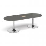 Trumpet base radial end boardroom table 2400mm x 1000mm with central cutout 272mm x 132mm - chrome base, onyx grey top TB24-CO-C-OG