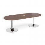 Trumpet base radial end boardroom table 2400mm x 1000mm with central cutout 272mm x 132mm - chrome base and walnut top