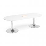 Trumpet base radial end boardroom table 2400mm x 1000mm with central cutout 272mm x 132mm - chrome base and white top