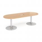 Trumpet base radial end boardroom table 2400mm x 1000mm with central cutout 272mm x 132mm - silver base, beech top TB24-CO-S-B