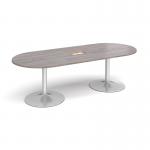 Trumpet base radial end boardroom table 2400mm x 1000mm with central cutout 272mm x 132mm - silver base, grey oak top TB24-CO-S-GO