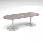 Trumpet base radial end boardroom table 2400mm x 1000mm with central cutout 272mm x 132mm - silver base and grey oak top