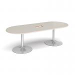Trumpet base radial end boardroom table 2400mm x 1000mm with central cutout 272mm x 132mm - silver base, light grey top TB24-CO-S-LG