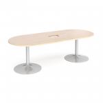 Trumpet base radial end boardroom table 2400mm x 1000mm with central cutout 272mm x 132mm - silver base and maple top