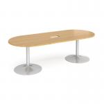 Trumpet base radial end boardroom table 2400mm x 1000mm with central cutout 272mm x 132mm - silver base and oak top
