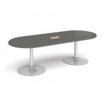 Trumpet base radial end boardroom table 2400mm x 1000mm with central cutout 272mm x 132mm - silver base, onyx grey top TB24-CO-S-OG