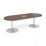 Trumpet base radial end boardroom table 2400mm x 1000mm with central cutout 272mm x 132mm - silver base and walnut top