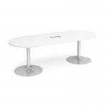 Trumpet base radial end boardroom table 2400mm x 1000mm with central cutout 272mm x 132mm - silver base and white top