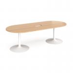 Trumpet base radial end boardroom table 2400mm x 1000mm with central cutout 272mm x 132mm - white base, beech top TB24-CO-WH-B