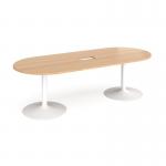 Trumpet base radial end boardroom table 2400mm x 1000mm with central cutout 272mm x 132mm - white base and beech top