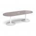 Trumpet base radial end boardroom table 2400mm x 1000mm with central cutout 272mm x 132mm - white base, grey oak top TB24-CO-WH-GO