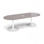 Trumpet base radial end boardroom table 2400mm x 1000mm with central cutout 272mm x 132mm - white base and grey oak top