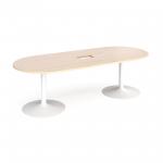 Trumpet base radial end boardroom table 2400mm x 1000mm with central cutout 272mm x 132mm - white base and maple top TB24-CO-WH-M
