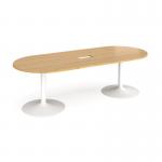 Trumpet base radial end boardroom table 2400mm x 1000mm with central cutout 272mm x 132mm - white base and oak top TB24-CO-WH-O