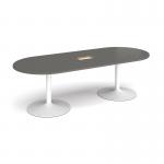 Trumpet base radial end boardroom table 2400mm x 1000mm with central cutout 272mm x 132mm - white base, onyx grey top TB24-CO-WH-OG