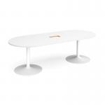 Trumpet base radial end boardroom table 2400mm x 1000mm with central cutout 272mm x 132mm - white base, white top TB24-CO-WH-WH