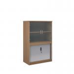 Systems combination unit with tambour doors and glass upper doors 1600mm high with 2 shelves - beech