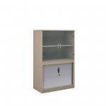 Systems combination unit with tambour doors and glass upper doors 1600mm high with 2 shelves - maple