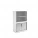 The picture shows a tall combination unit with tambour doors and glass upper doors in white. It stands at 1600mm high and has two shelves.