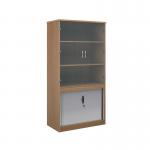 Systems combination unit with tambour doors and glass upper doors 2000mm high with 2 shelves - beech