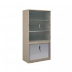 Systems combination unit with tambour doors and glass upper doors 2000mm high with 2 shelves - maple