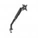 The photo displays a sleek, modern black monitor arm with a gas lift mechanism, designed by Dams Monitor Arms. It securely holds a single monitor and can easily adjust for optimal viewing.