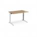 The image features a sleek, modern straight desk with a white frame and an oak top. The desk is adjustable in height, showcasing its versatility. Its dimensions of 1200mm x 800mm make it spacious enough for work and study.