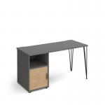 Tikal straight desk 1400mm x 600mm with hairpin leg and support pedestal with cupboard door - black legs, grey finish with oak door TK614P-C-OG-KO