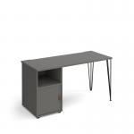 Tikal straight desk 1400mm x 600mm with hairpin leg and support pedestal with cupboard door - black legs and grey finish with grey door