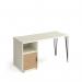 Tikal straight desk 1400mm x 600mm with hairpin leg and support pedestal with cupboard door - black legs, white finish with oak door TK614P-C-WH-KO