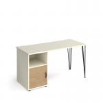 Tikal straight desk 1400mm x 600mm with hairpin leg and support pedestal with cupboard door - black legs and white finish with oak door