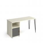 Tikal straight desk 1400mm x 600mm with hairpin leg and support pedestal with cupboard door - black legs and white finish with grey door