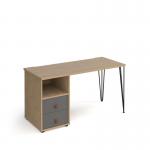 Tikal straight desk 1400mm x 600mm with hairpin leg and support pedestal with drawers - black legs and oak finish with grey drawers