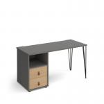 Tikal straight desk 1400mm x 600mm with hairpin leg and support pedestal with drawers - black legs and grey finish with oak drawers