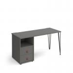 Tikal straight desk 1400mm x 600mm with hairpin leg and support pedestal with drawers - black legs and grey finish with grey drawers
