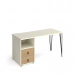 Tikal straight desk 1400mm x 600mm with hairpin leg and support pedestal with drawers - black legs, white finish with oak drawers TK614P-D-WH-KO