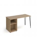 Tikal straight desk 1400mm x 600mm with hairpin leg and support pedestal - black legs and oak top