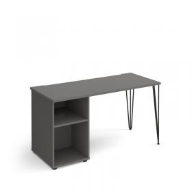Tikal straight desk 1400mm x 600mm with hairpin leg and support pedestal - black legs, grey top TK614P-OG