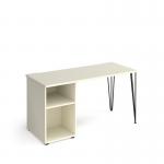 Tikal straight desk 1400mm x 600mm with hairpin leg and support pedestal - black legs and white top