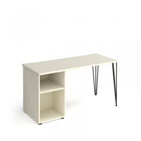 Tikal straight desk 1400mm x 600mm with hairpin leg and support pedestal - black legs, white top TK614P-WH