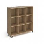 Tikal cube storage unit 1370mm high with 9 open boxes and black hairpin legs - oak