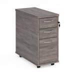 Tall slimline mobile 3 drawer pedestal with silver handles 600mm deep - grey oak TNMPGO