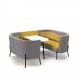 Tilly 4 person low back meeting booth with white table - lifetime yellow seat and back with forecast grey sofa body
