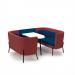 Tilly 4 person low back meeting booth with white table - maturity blue seat and back with extent red sofa body