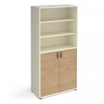 Universal combination unit with open top 1715mm high with shelves - white with oak doors