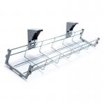 The picture shows a 1400mm long cable management tray designed for use with dams. It features a drop down design and is labeled as the WB1400-S model. The tray appears to be made of durable materials and has multiple openings for organizing and securing cables.