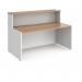 The picture features a modern reception desk with a sleek white finish and complementing beech tops. It spans 1462mm wide and can serve as a welcoming focal point in any space. The design is clean and professional, providing a polished first impression for visitors.